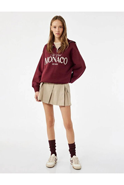 Koton Şardonlu Yarım Fermuarlı Pamuklu Rahat Kalıp Kolej Baskılı Sweatshirt