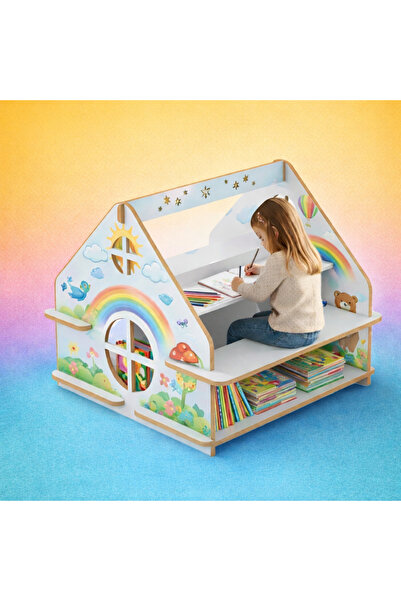kids town KidsTown Montessori Ev Tipi Çocuk Çalışma Masası ve Kitaplık - 90 c...