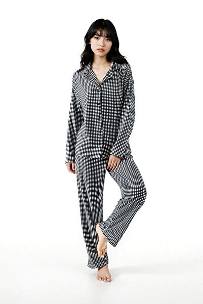 Ecrou Women's Black Piti Square Long Sleeve Peter Pan collar Pants Pajama Set