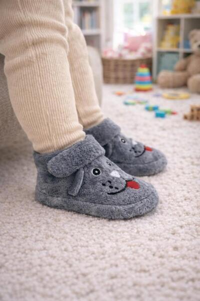 Büşra Sultan Ayakkabı & Çanta Bebek Gri Hayvan Köpek Figürlü Çocuk Panduf Kay...