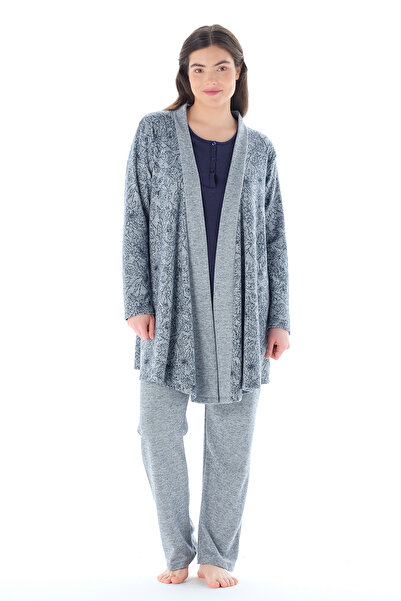 Feyza Pijama Kadın Yakası Düğmeli Çicek Desenli Jakarlı 3'lü Pijama Takımı