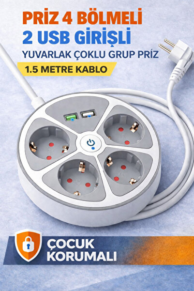 Ecuy Priz 4 Bölmeli 2 USB Grişli Yuvarlak Çoklu Grup Priz Çocuk Korumalı  Ana...