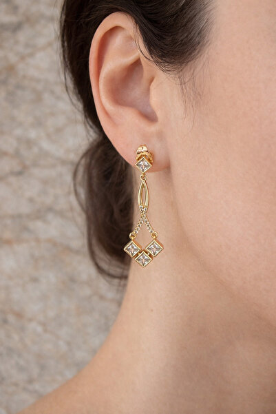 XUPING JEWELRY Kare Kristal Sallantılı Gold Küpe Kadın Şık Tasarım Aksesuar