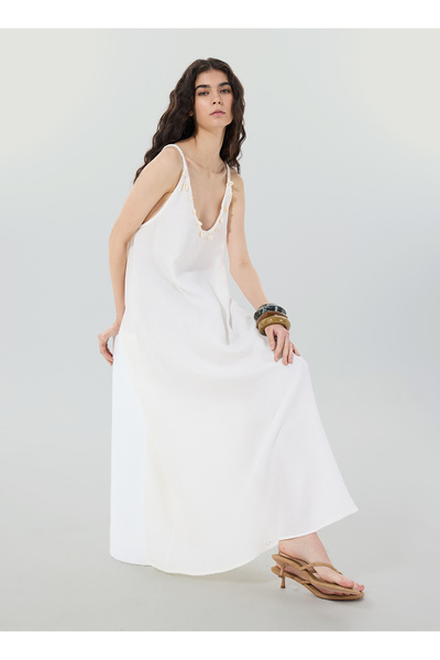 People By Fabrika Bisiklet Yaka Düz Kırık Beyaz Midi Kadın Elbise SPBF4SL-ELB...
