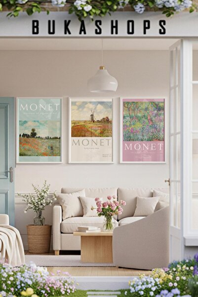 Buka Shops Pastel Tonlarda Monet Galeri Duvarı Seti 3'lü Çerçeveli Renk Seçen...