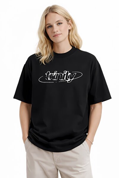 CAMBLYS تي شيرت ترينيتي فرونت مطبوع قصة فضفاضة من القماش السميك بمقاس واسع لل...