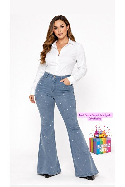 nd jeans Pantaloni de damă cu detalii premium perlate Y talie înaltă L materi...