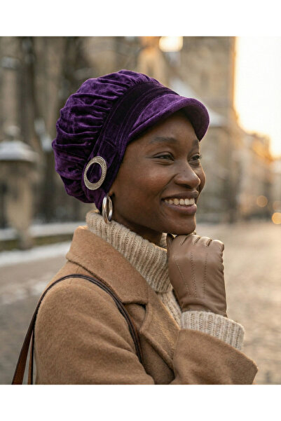 fidan bone قبعة مخملية بتفاصيل مشبك، حجاب جاهز باللون الأرجواني، غطاء رأس طبي...