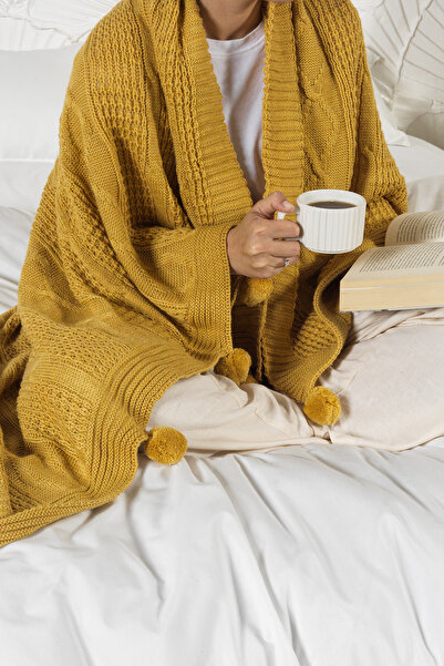 Elart Плетено телевизионно одеяло с помпони (130x170 cm) Горчица