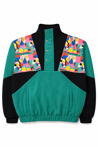 Vatkalimon Kadın Erkek Yeşil Siyah Yarım Fermuarlı Polar