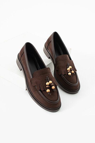 guijarro Balerini din piele intoarsa maro brodata cu margele de calitate premium