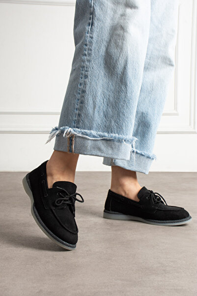 guijarro حذاء نسائي كاجوال برباط من جلد النوبوك الأسود - حذاء يومي مريح بنعل ...