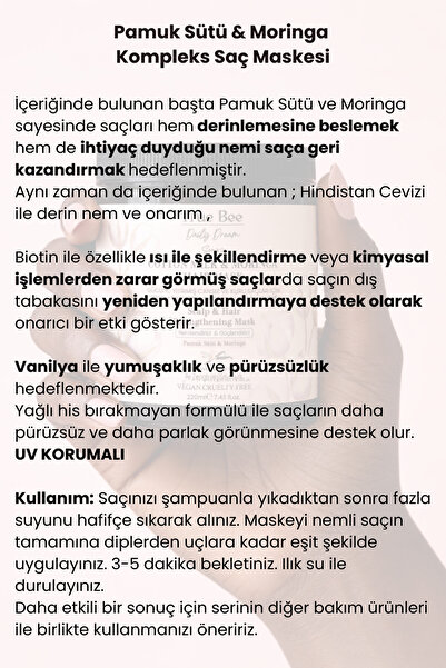 True Bee Anında İpeksi Yumuşaklık Veren Kuru, Hassas, Dökülen Saçlar için Pamuk Sütü & Moringa Saç Maskesi