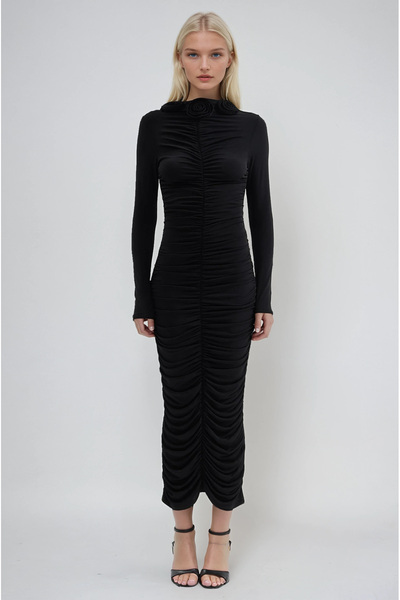 Lijuri Stretch Fabric Dress with Rose Detail on the Collar and Gathered Detai...