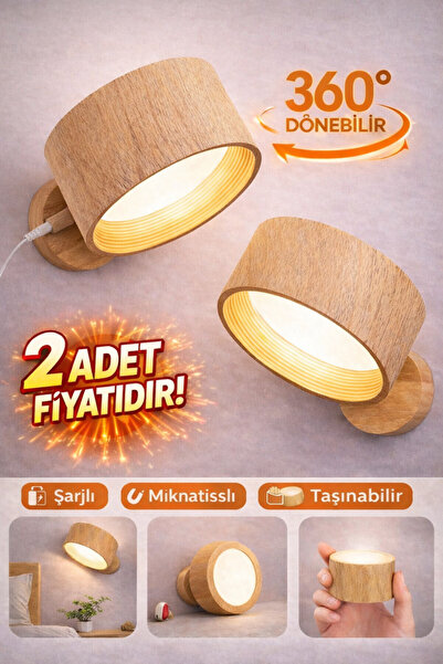 Ecuy Şarjlı Mıknatıslı Duvar Aplik 360° Dönebilen Led Ahşap Gece Lambası Taşı...