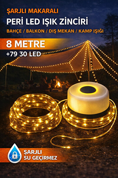 Ecuy Şarjlı Makaralı Peri Led Işık Zinciri 8 Metre 79 +30 Led Bahçe Balkon Dı...