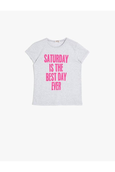 Koton Girl's Gray Text Printed T-Shirt