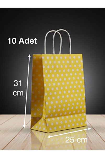 e Erta Sarı Benekli Kraft Çanta 25x31 Cm 10 Adet Hediye Poşeti ,Hediye Paketi...