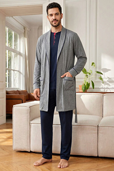 Espuar 2023 Men's 3-Piece Robe and Long Sleeve Pajama Set
