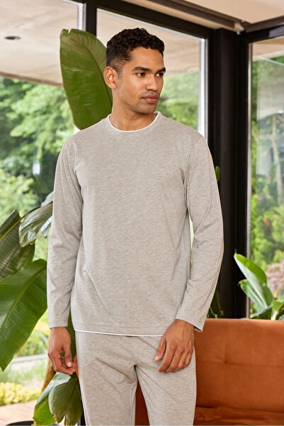 KLY Set de pijamale pentru bărbați cu gâtul în formă de O pentru un somn conf...