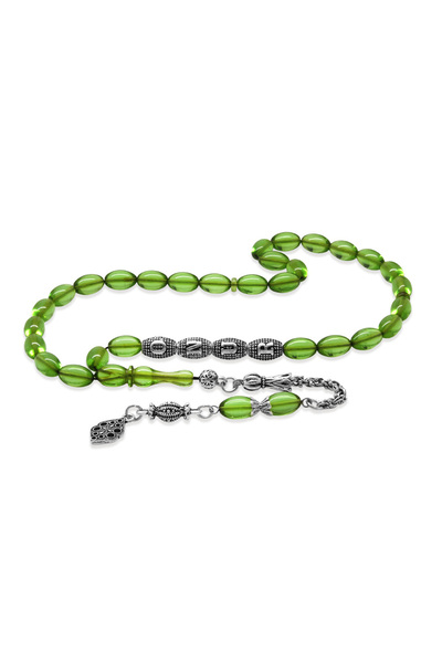 Tesbihane خرزات صلاة من العنبر باللون الأخضر الزمردي مع شرابات معدنية غير مشوهة