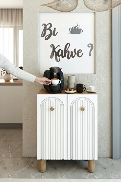izcodesign Bohem Model 2 Kapaklı 3 Raflı Kahve Köşesi Standı - MDF Membran Kapak | 60 cm Kahve İstasyonu