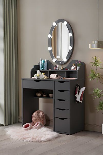 benim odam Diva Hollywood Led Işıklı Oval Aynalı 6 Çekmeceli Kulis Makyaj Mas...