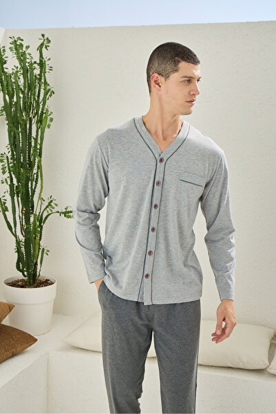 KLY Set de pijamale pentru bărbați, cu decolteu în V, cu nasturi, pentru patr...