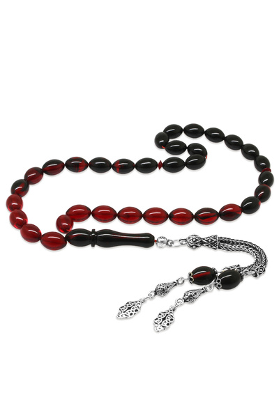 Tesbihane 925 Ayar Gümüş Çift Püsküllü Arpa Kesim Süzme Kırmızı Siyah Ateş Ke...