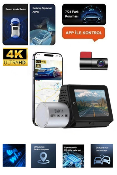 Daivin A6M 4k Qhd Wifi Adas 170° Ultra Geniş Açılı Gece Görüşlü Ön ve Arka Ar...