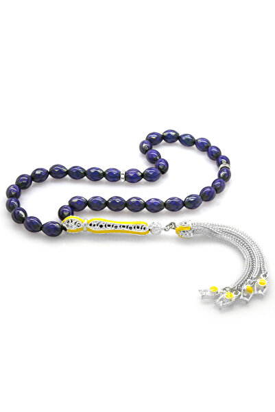 Tesbihane Alpaka Püsküllü Sarı Mineli Arpa Kesim His Taşı Tesbih