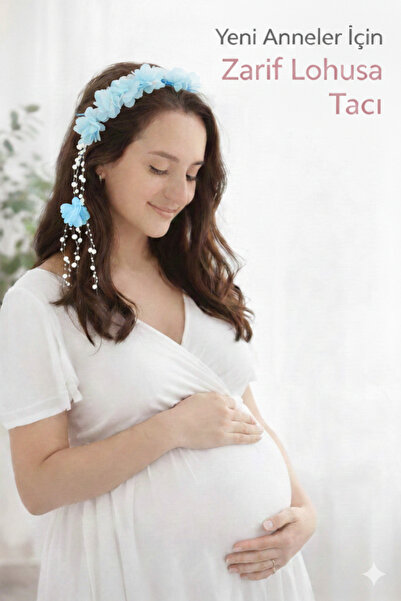 ALAZ TASARIM HOBİ تاج الأمومة مع أقراط زرقاء - تاج ولادة أنيق وعصري