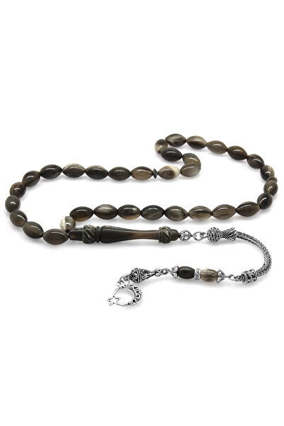 Tesbihane Kararmaz Metal Püsküllü Arpa Kesim Koyu Renk Bufalo Boynuzu Tesbih