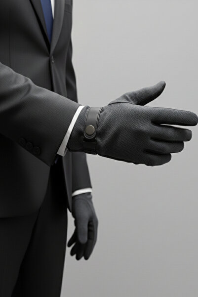 Mollycrush Erkek Gri Şık Eldiven | Kumaş & Deri Detaylı