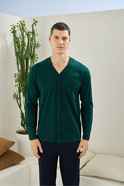 KLY Set de pijamale pentru bărbați, cu decolteu în V, cu nasturi, pentru patr...