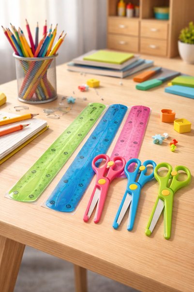 nistabolje School Set (3 Pieces of Child School Scissors with Blunt Tip Protection + 3 Pieces of Flexible Ruler)