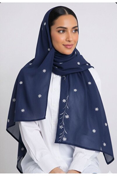 Veil Designer Navy blue headscarf with colorful embroidery covering the entir...