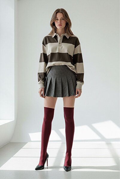 Madmext Mint Green Striped Button Polo Neck Women's Long Sleeve T-Shirt Mg2586