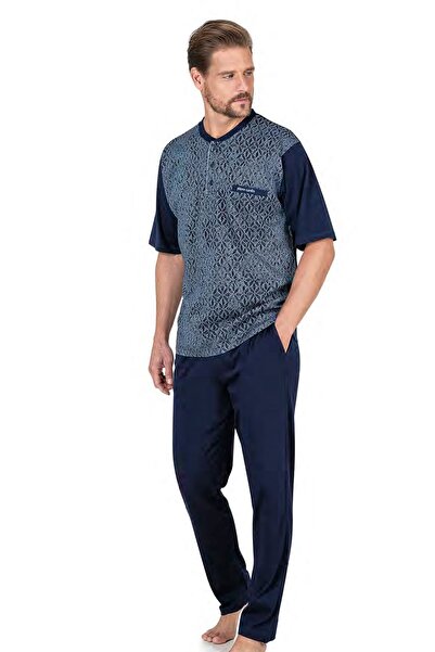 Pierre Cardin 6051 Men's Blue Short Sleeve 3-Piece Jacquard Pajama Set