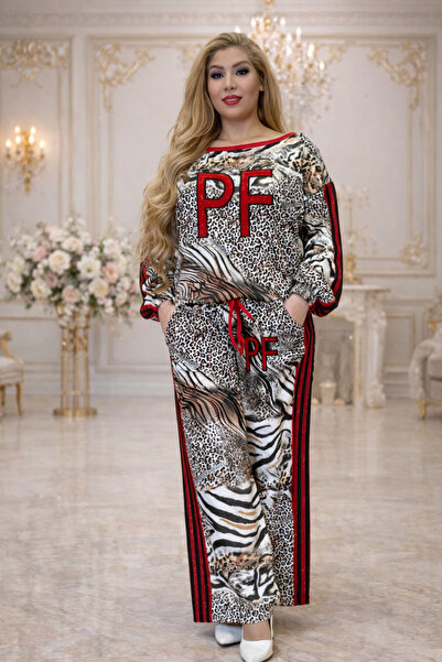 Yeşilmoda بدلة، بلوزة وبنطلون، طباعة الفهد، كريب، خصر مرتفع، ساق واسعة، جيوب،...