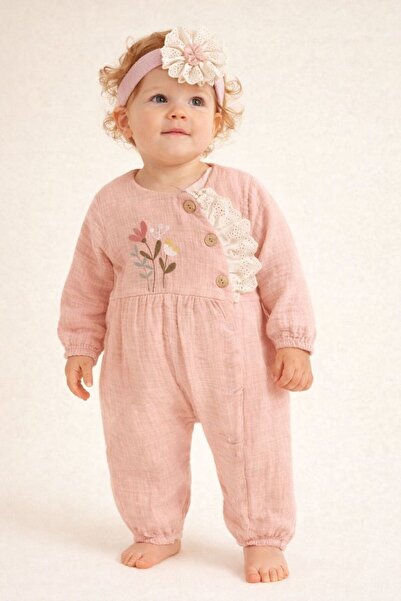 Babexi Çiçek Nakışlı Bandanalı Kız Bebek Tulum