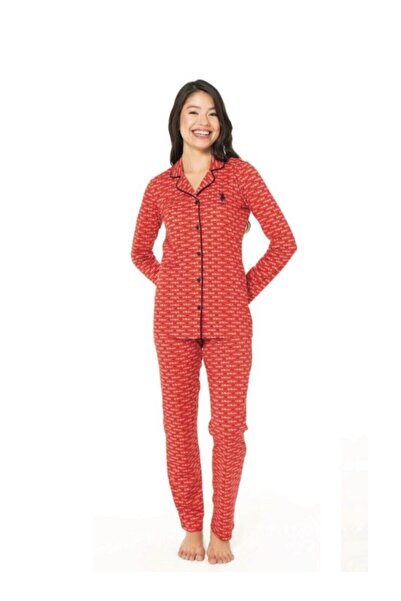 U.S. Polo Assn. Дамски комплект пижама от червен памук с лиценз за булчински ...