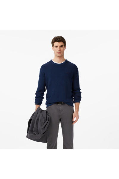 Lacoste Erkek Classic Fit Bisiklet Yaka Yün Lacivert Kazak