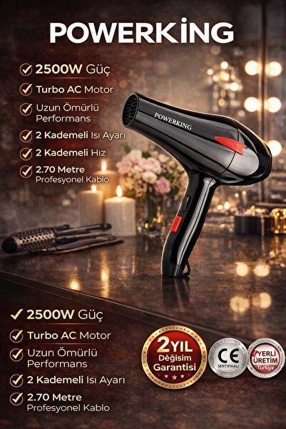 POWERKİNG 2500 WTTProfesyonel Fön Makinesi Kuaförlerin Tercihi 2Yıl Garanti İ...
