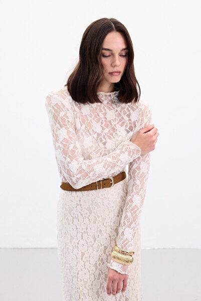 Sateen Transparent Lace Blouse - Beige