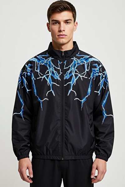 Lushen Unisex Şimşek Baskılı Paraşüt Kumaş Oversize Dijital Siyah Rüzgarlık Y...