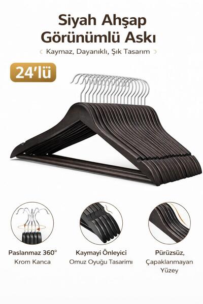 Dory 24 Adet Ahşap Görünümlü Elbise Ve Kıyafet Askısı - Siyah Askı