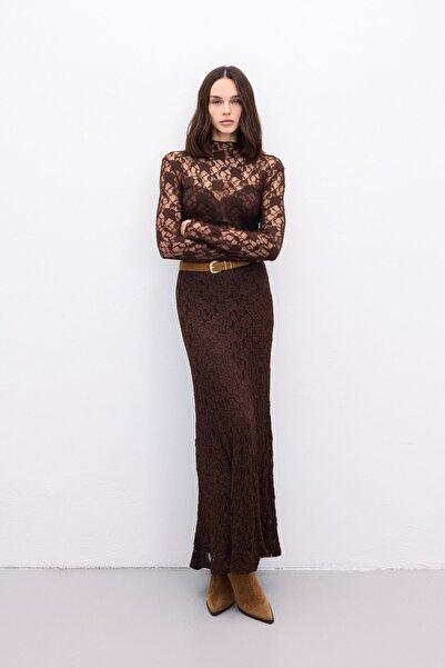 Sateen Transparent Lace Blouse - Brown