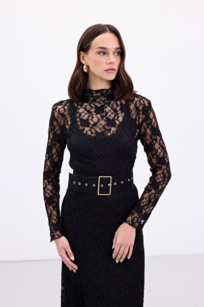 Sateen Transparent Lace Blouse - Black