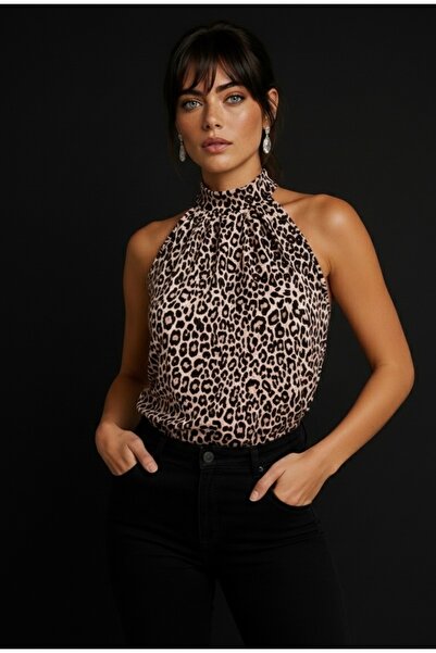 Be Best Women's Camel-Black Halter Neck Leopardprint Blouse Be252